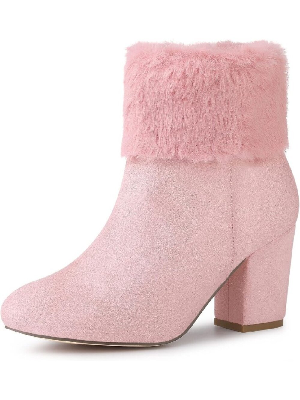Women's Pink Round Toe Christmas Faux Fur Side Zipper Chunky Heel Ankle Boots